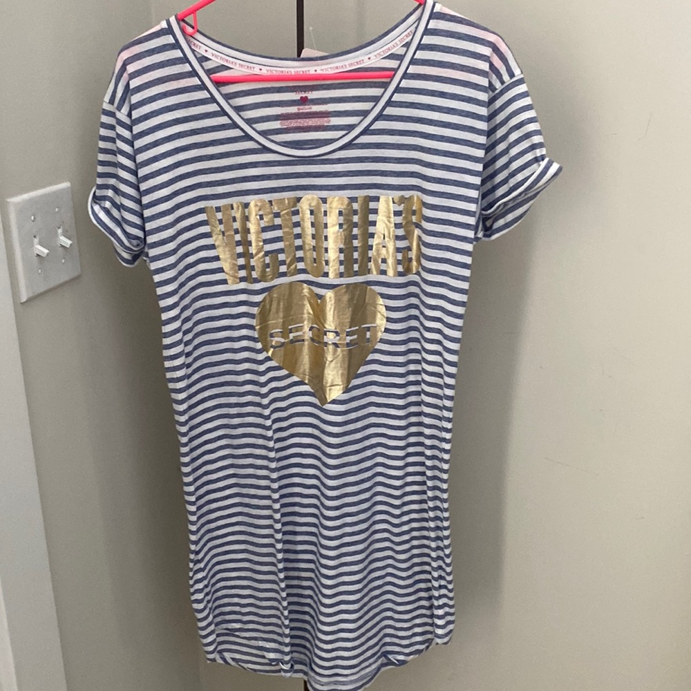 Victoria's Secret Blue Gray Striped Gold Heart Short Sleeve Sleep Gown S